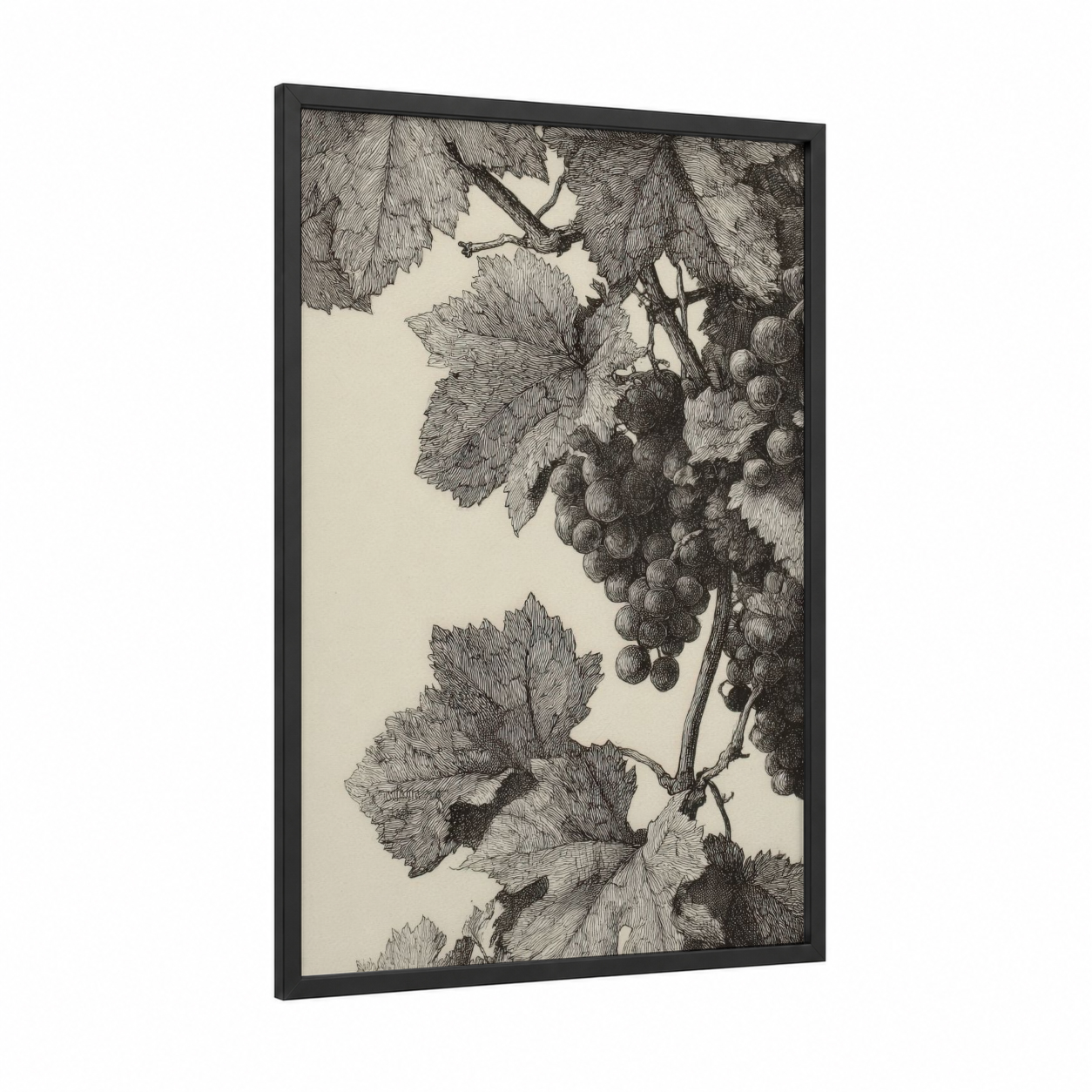 Vineyard Harvest framed vineyards print — black wood frame — black and white palette