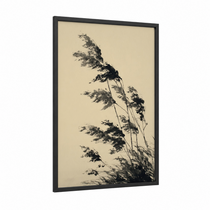 Windswept Grain framed art print — black wood frame — black and white and cream palette