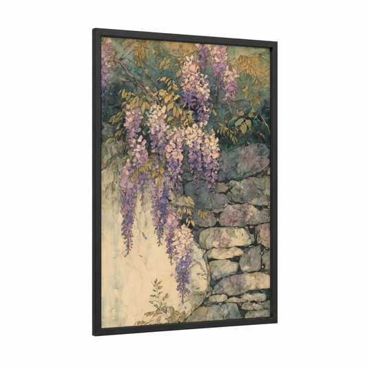 Cascading Wisteria framed art print — black wood frame — lavender and sage green palette