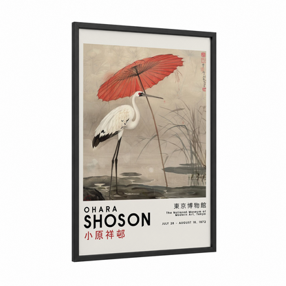 Crimson Umbrella Crane framed art print — black wood frame — red and gray and white palette