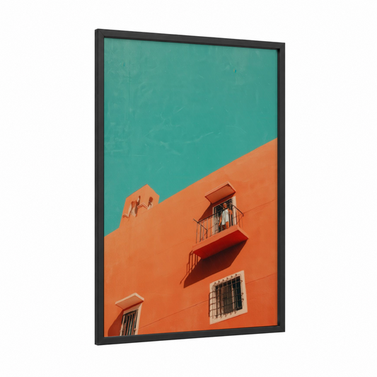 Turquoise Geometric Façade framed abstract architecture print — black wood frame — teal and orange palette