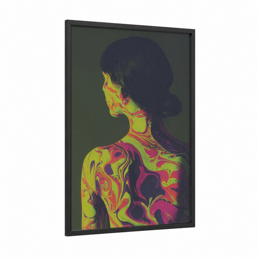 Neon Body Art framed art print — black wood frame — yellow gold and magenta palette