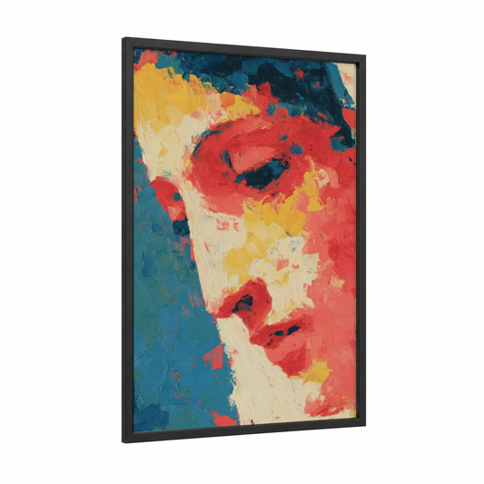 Radiant Virgin Mary framed art print — black wood frame — red and gold palette