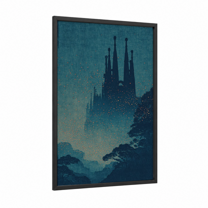 Enchanted Sagrada Familia framed art print — black wood frame — teal and gold palette