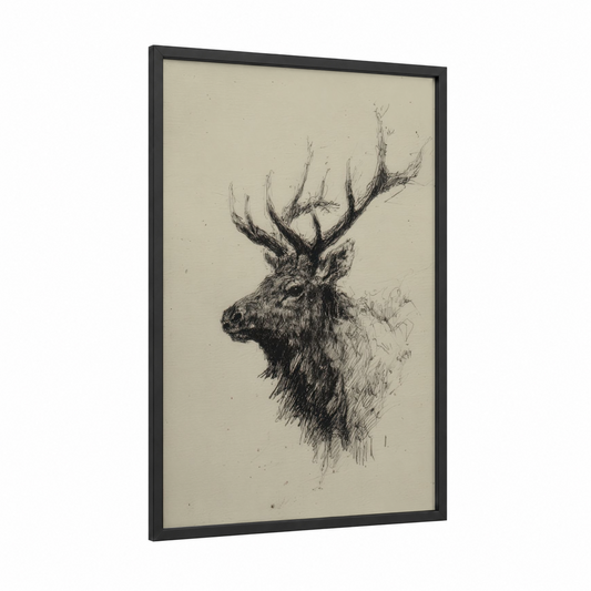 Majestic Elk Portrait framed art print — black wood frame — black and white and cream palette