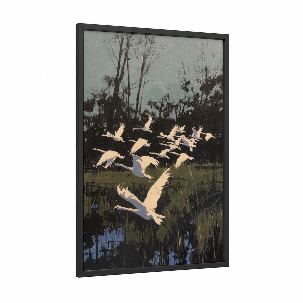 Wetland Swans framed art print — black wood frame — blue and white and gray palette