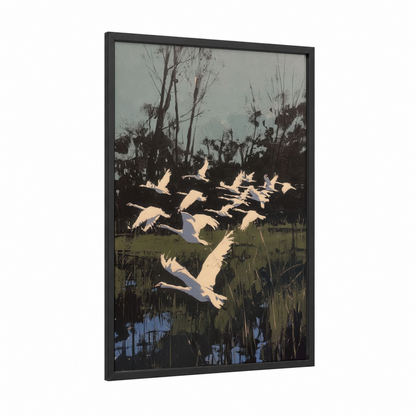 Wetland Swans framed art print — black wood frame — blue and white and gray palette