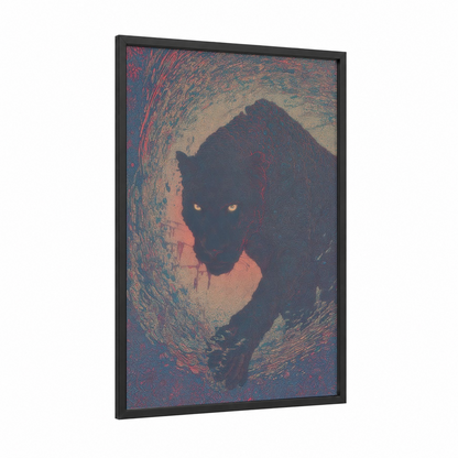 Glowing Panther framed art print — black wood frame — teal and red palette