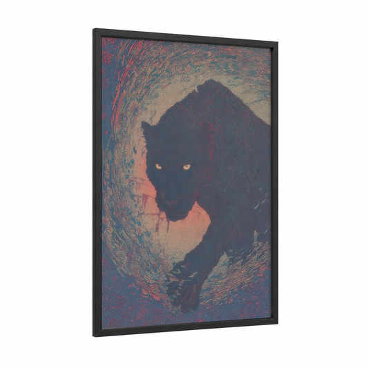 Glowing Panther framed art print — black wood frame — teal and red palette