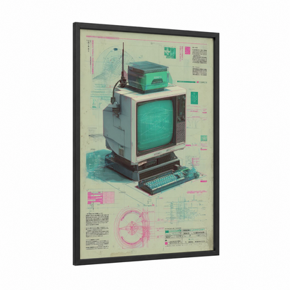 Retro Computer Setup framed vintage japanese ads print — black wood frame — aquamarine and magenta palette