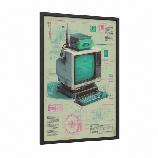 Retro Computer Setup framed vintage japanese ads print — black wood frame — aquamarine and magenta palette