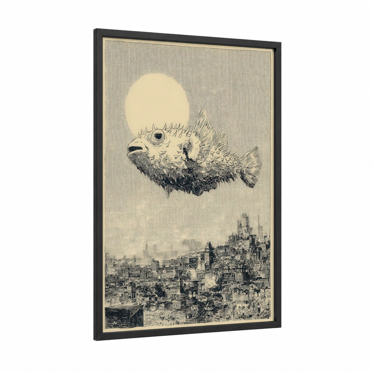 Giant Puffer Fish framed art print — black wood frame — black and white and cream palette