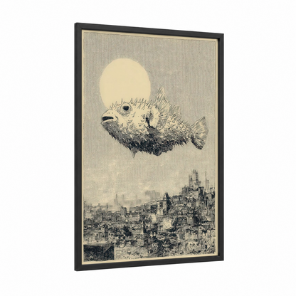 Giant Puffer Fish framed art print — black wood frame — black and white and cream palette
