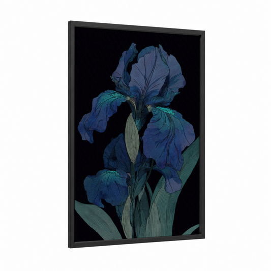 Midnight Iris framed art print — black wood frame — dark blue and sage green palette