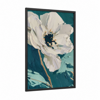 Teal Blossom framed abstract flower print — black wood frame — white and teal palette
