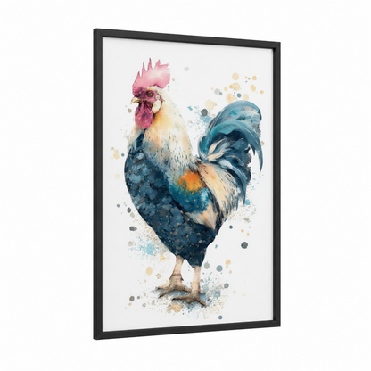 Pink-Crested Rooster framed chicken and roosters print — black wood frame — blue and pink palette