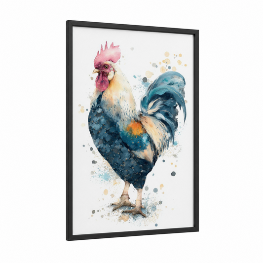 Pink-Crested Rooster framed chicken and roosters print — black wood frame — blue and pink palette