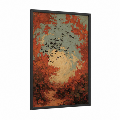 Swirling Bats Sunset framed art print — black wood frame — red and gold palette