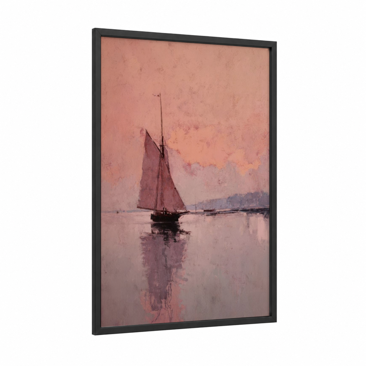 Morning Sailing Ship framed art print — black wood frame — salmon pink and gray palette