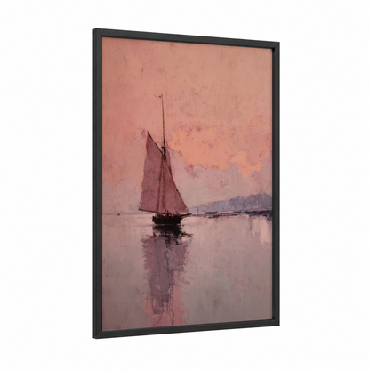 Morning Sailing Ship framed art print — black wood frame — salmon pink and gray palette