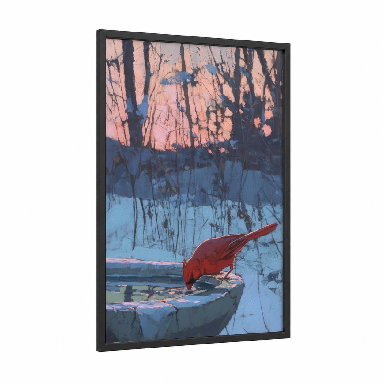 Winter Cardinal framed art print — black wood frame — blue and peach palette