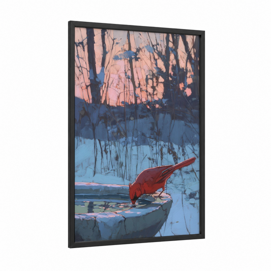 Winter Cardinal framed art print — black wood frame — blue and peach palette