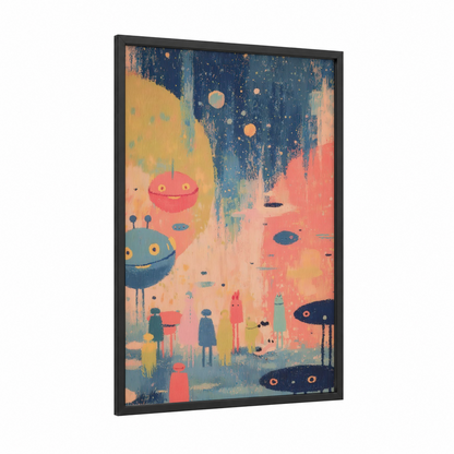 Alien Encounter framed extraterrestrial print — black wood frame — blue and peach palette