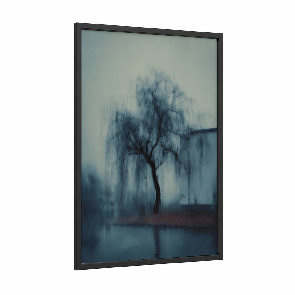 Misty Willow Tree framed art print — black wood frame — blue and gray palette