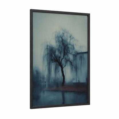 Misty Willow Tree framed art print — black wood frame — blue and gray palette