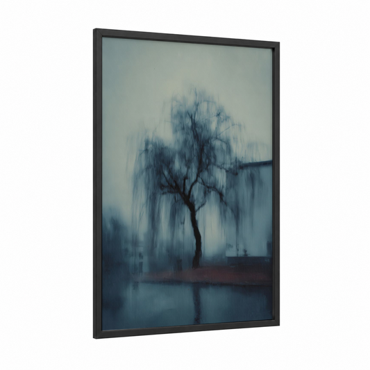 Misty Willow Tree framed art print — black wood frame — blue and gray palette