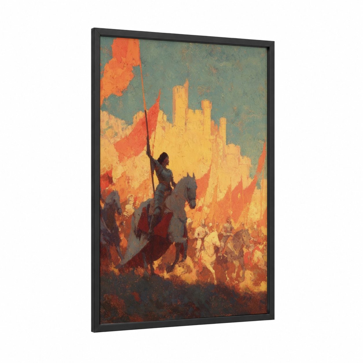 Fiery Saint Joan framed joan of arc print — black wood frame — orange and gold palette