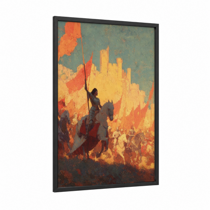 Fiery Saint Joan framed joan of arc print — black wood frame — orange and gold palette