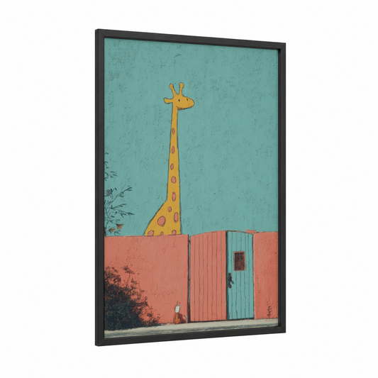 Whimsical Gate Giraffe framed art print — black wood frame — turquoise and orange palette