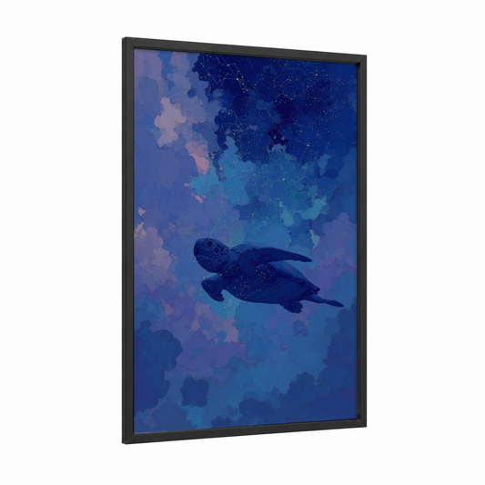 Celestial Turtle framed art print — black wood frame — blue and purple palette