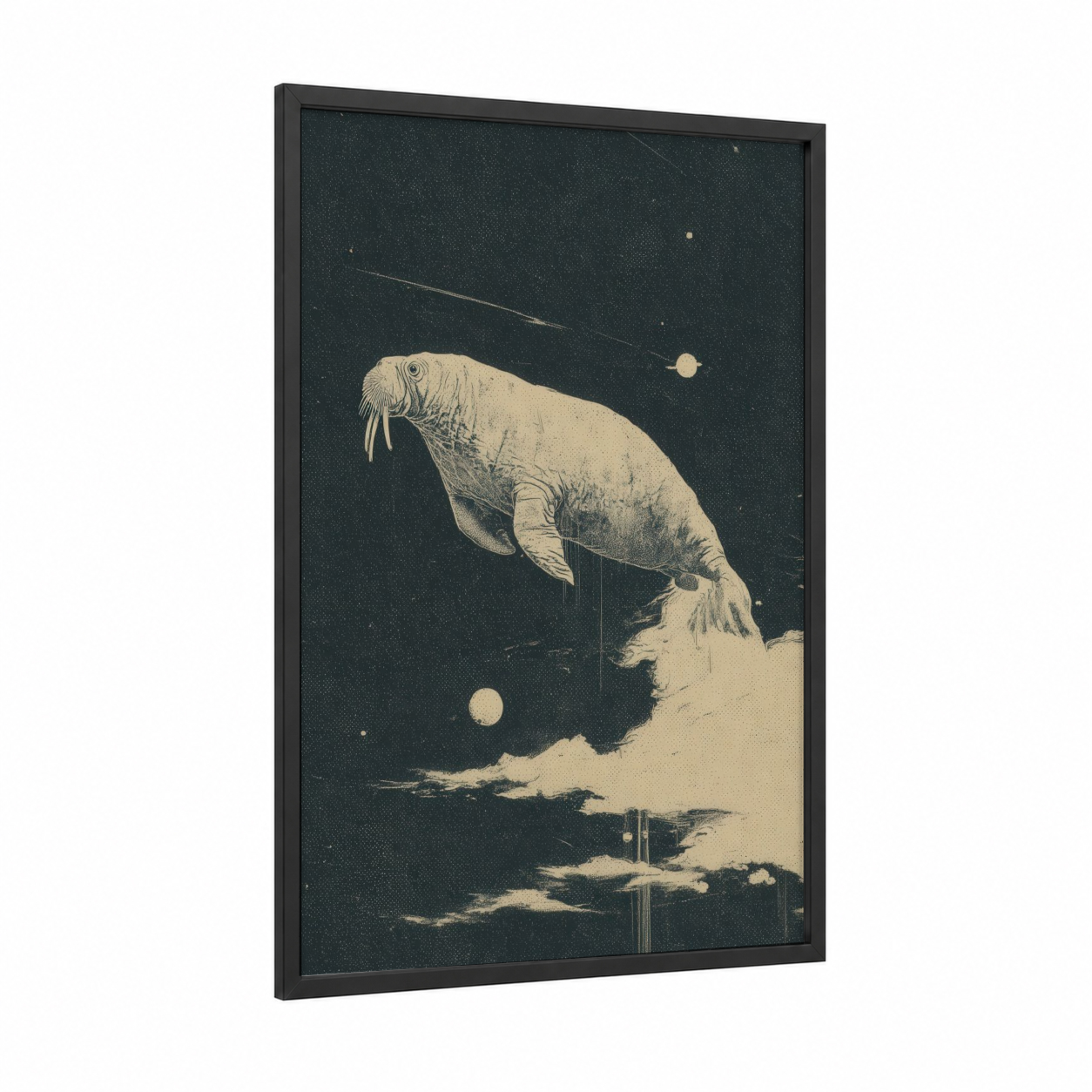 Cosmic Walrus framed art print — black wood frame — cream and black and white palette