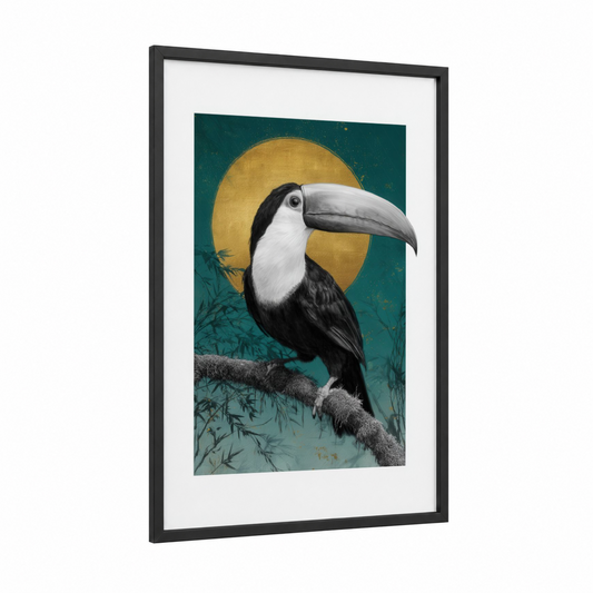 Golden Moon Toucan framed art print — black wood frame — gold and teal palette