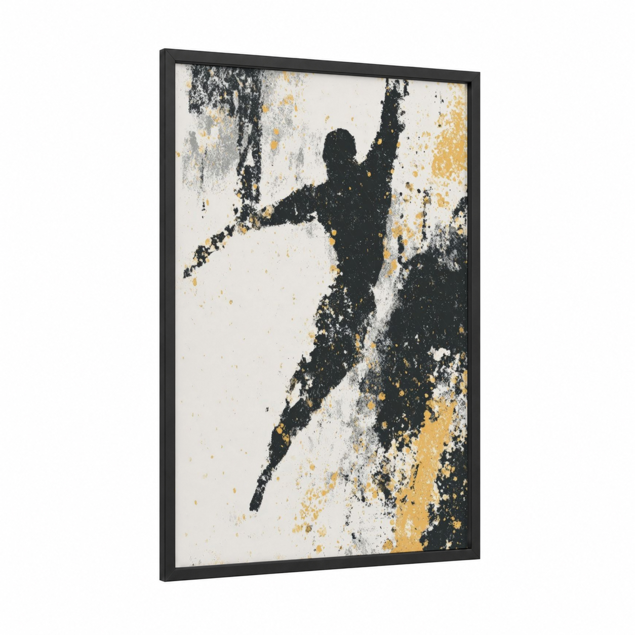 Victory Leap framed gymnastics print — black wood frame — black and white and gold palette
