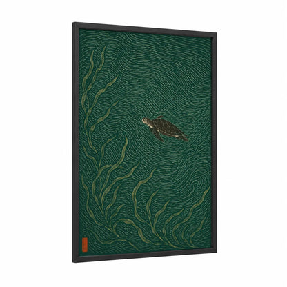 Sea Turtle Ocean Currents Wall Art framed art print — black wood frame — true green and gold palette