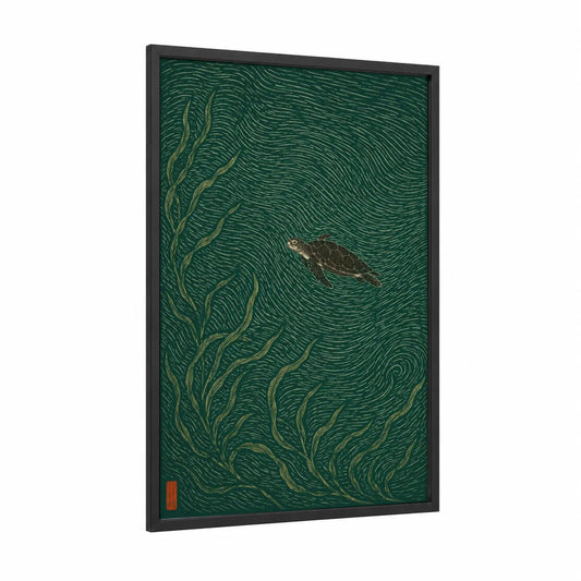 Sea Turtle Ocean Currents Wall Art framed art print — black wood frame — true green and gold palette