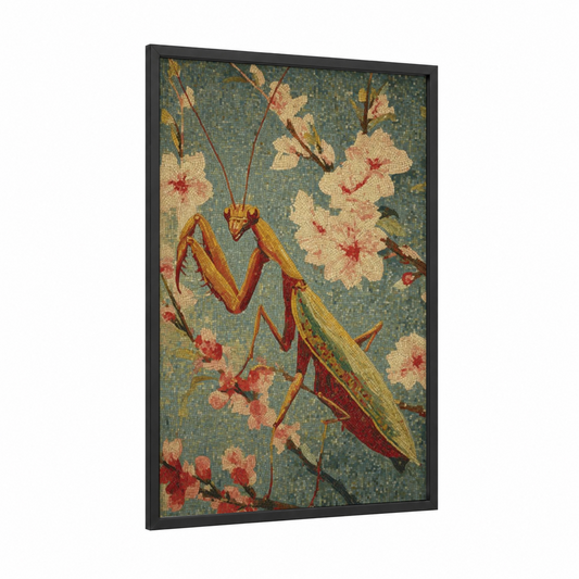 Mosaic Mantis framed prayin mantis print — black wood frame — sage green and gold and pink palette