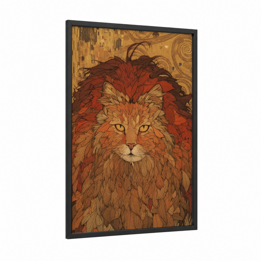 Fiery Lion Cat framed art print — black wood frame — orange and gold palette