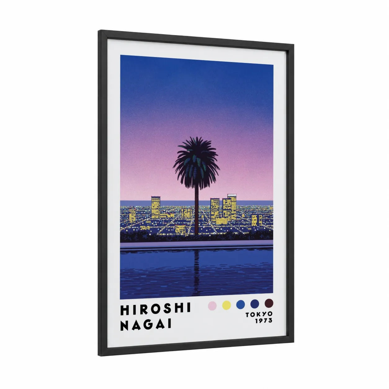 Palm Tree Cityscape Sunset Wall Art framed art print — black wood frame — blue and pink palette
