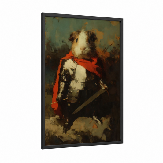 Warrior Guinea Pig framed art print — black wood frame — red and olive palette
