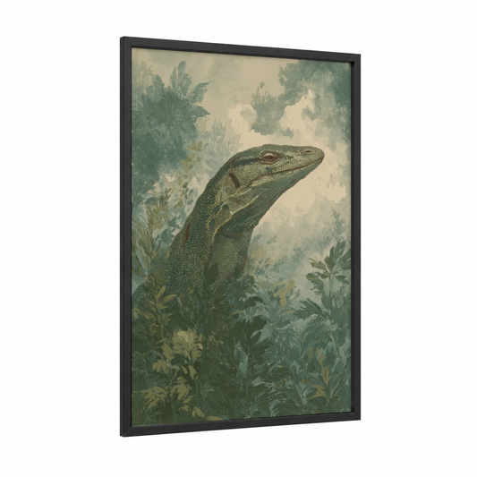 Emerald Garden Lizard framed art print — black wood frame — sage green and cream palette