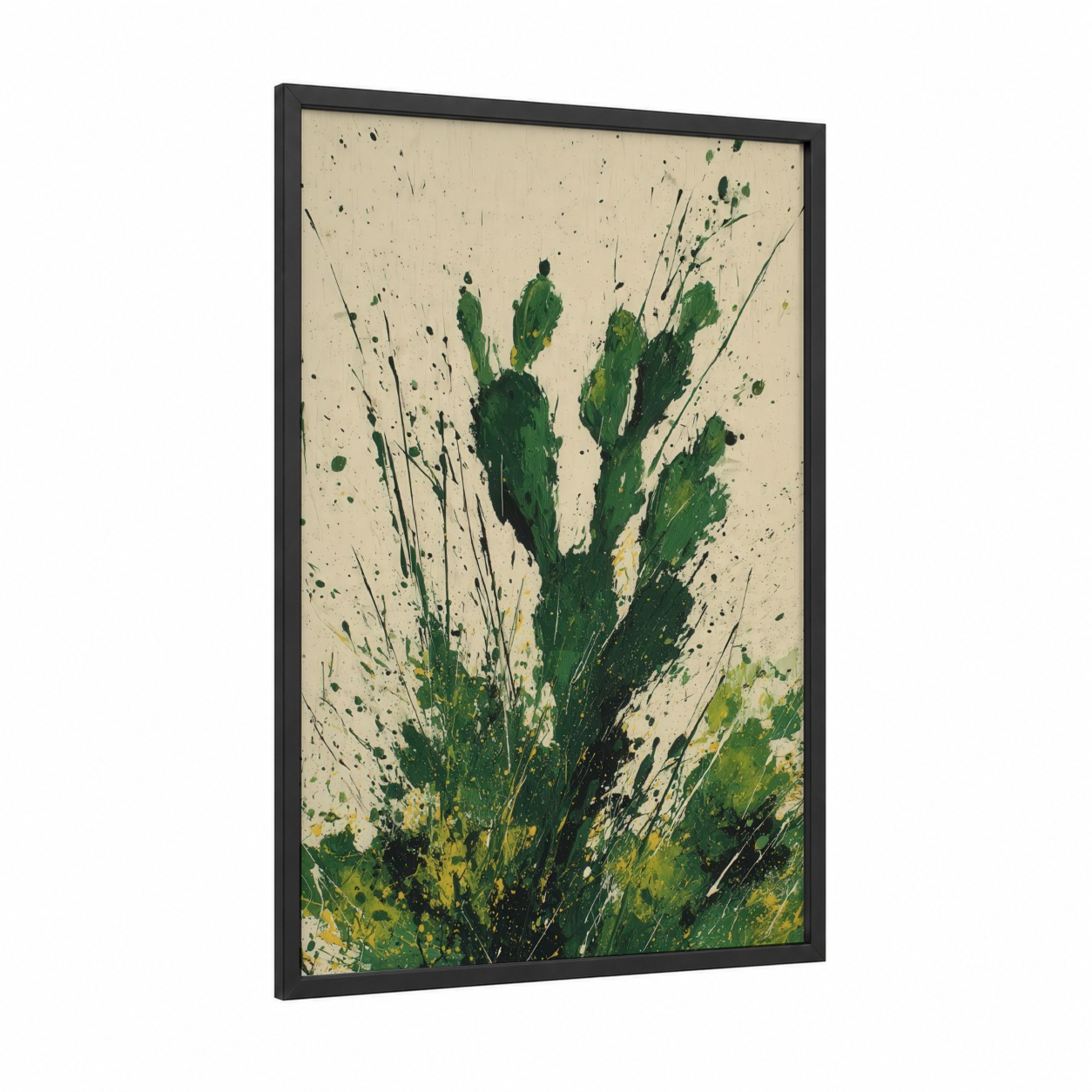 Vibrant Cactus framed art print — black wood frame — true green and yellow gold palette