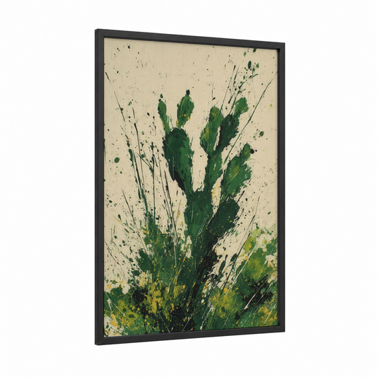 Vibrant Cactus framed art print — black wood frame — true green and yellow gold palette