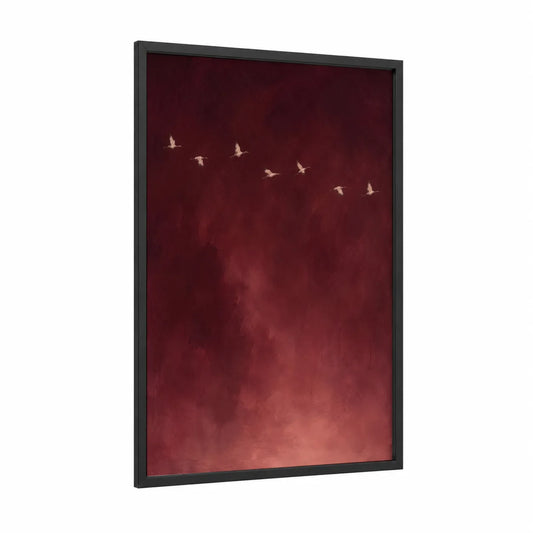 Cranes in Burgundy Sky Wall Art framed art print — black wood frame — maroon and rose gold palette
