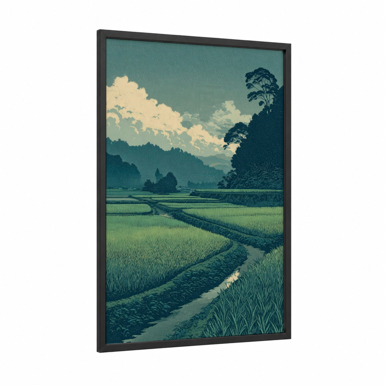 Green Field Rural Landscape framed art print — black wood frame — teal and green palette