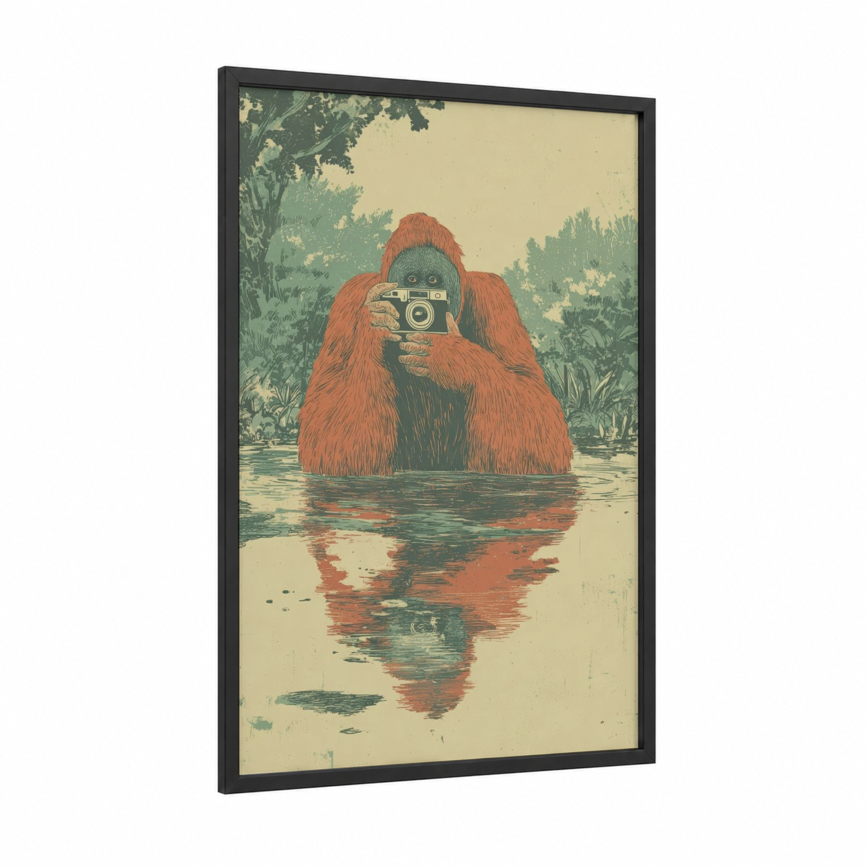 Photographer Orangutan framed art print — black wood frame — sage green palette