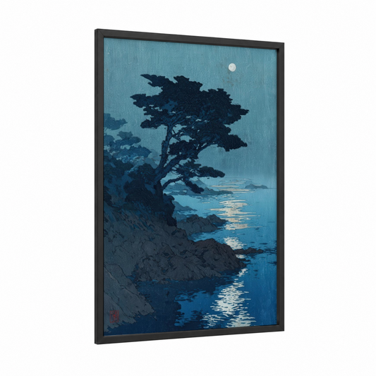 Moonlit Juniper framed juniper tree print — black wood frame — teal and dark blue palette